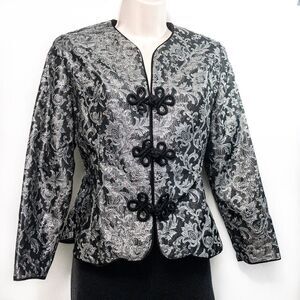 Silver Floral Mandarin Evening Jacket Chinese Frog Knot Front Closure Sz PS
